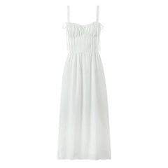 Elegant Women Midi Long White Sling Dress Sexy Sleeveless A-line Summer Holiday Party Dresses Female Robe