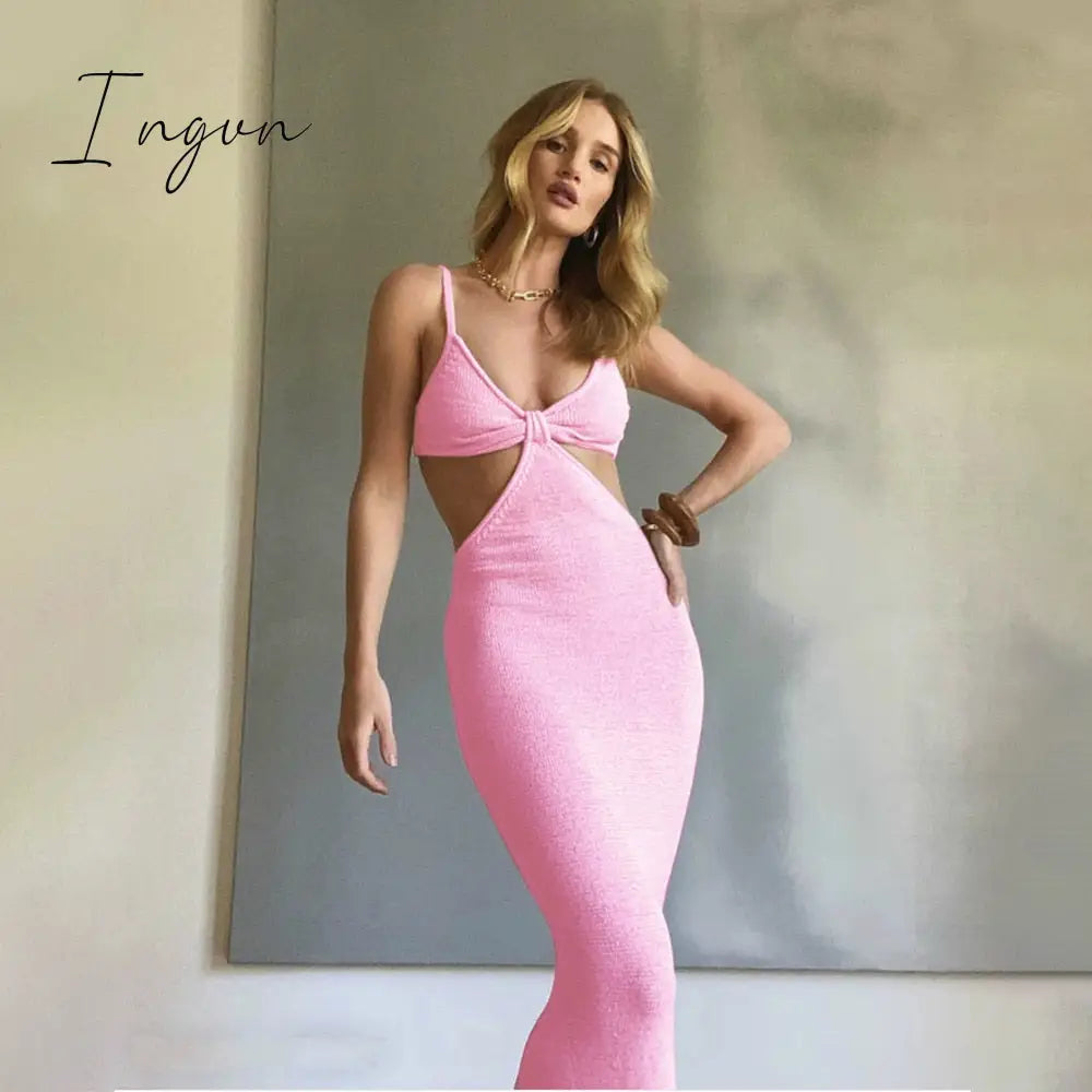 Ingvn - Spaghetti Strap Sexy Backless Maxi Dresses See Through Sexy Women Dresses Party Club Elegant Hollow Dress Sundress