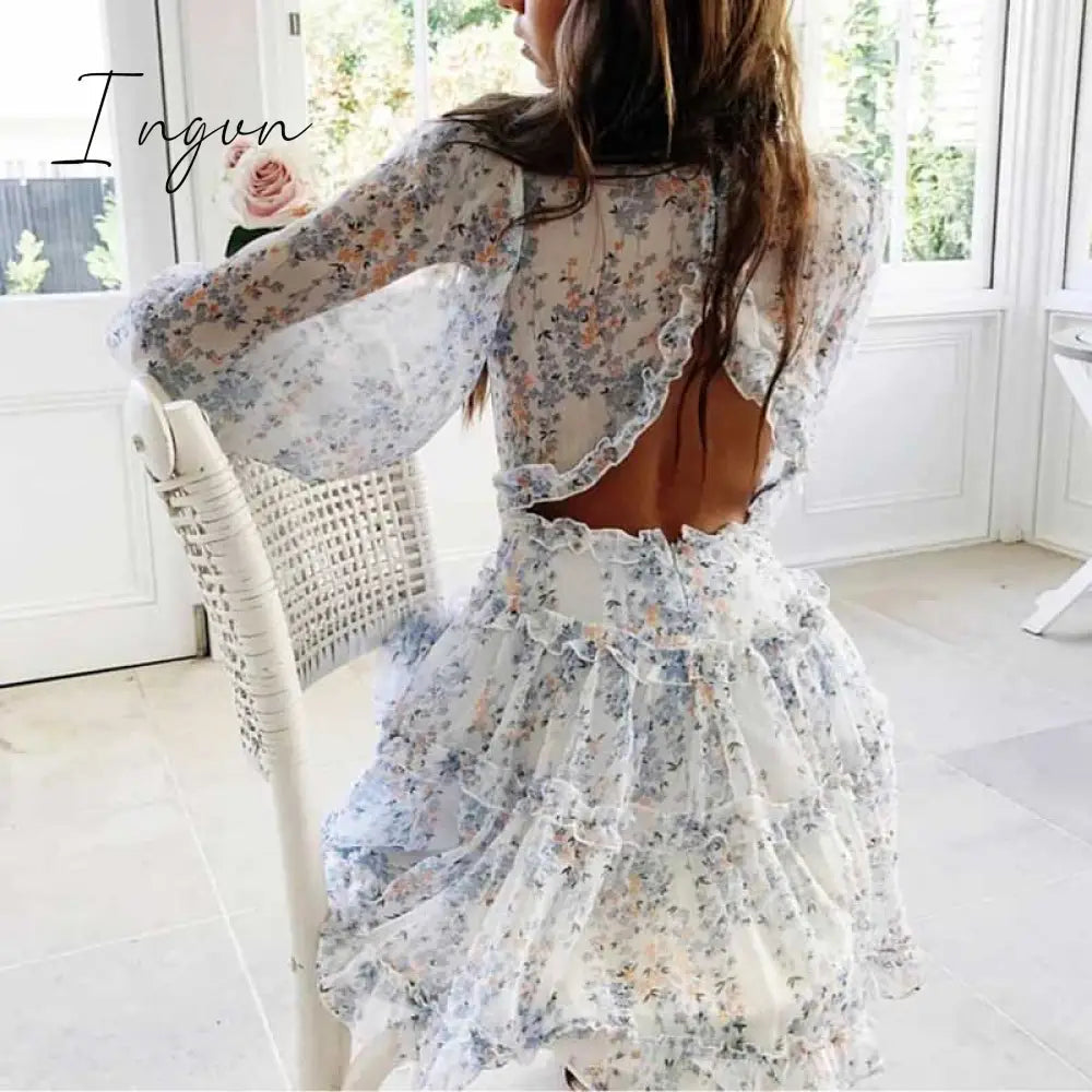 Ingvn - Harlow Floral Print Ruffle Dress women backless V-neck dress women mini summer dress ladies party dress