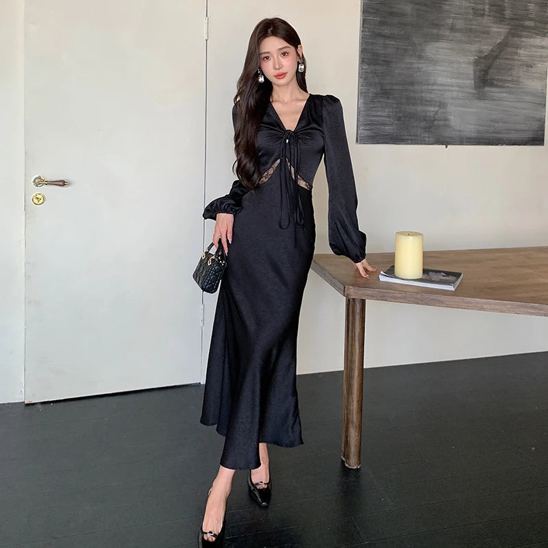 Black Satin Long Dresses for Women Sexy Prom V-Neck Long Sleeve Elegant Evening Party Female Clothing Fashion Casual Robe