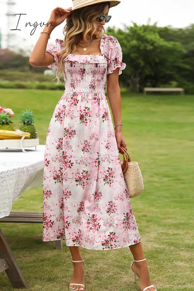 Ingvn - Floral Square Neck Flounce Sleeve Midi Dress