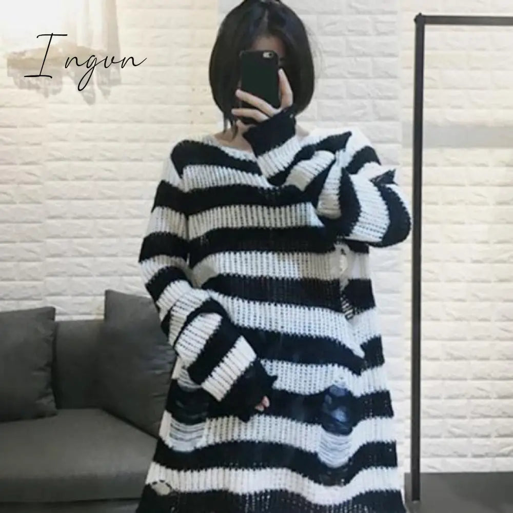 Ingvn - Halloween 200 Gothic Knitted Sweater Women Long Pullovers Striped Loose Winter Ripped Plus Size Sweaters Jumpers Mujer Jersey