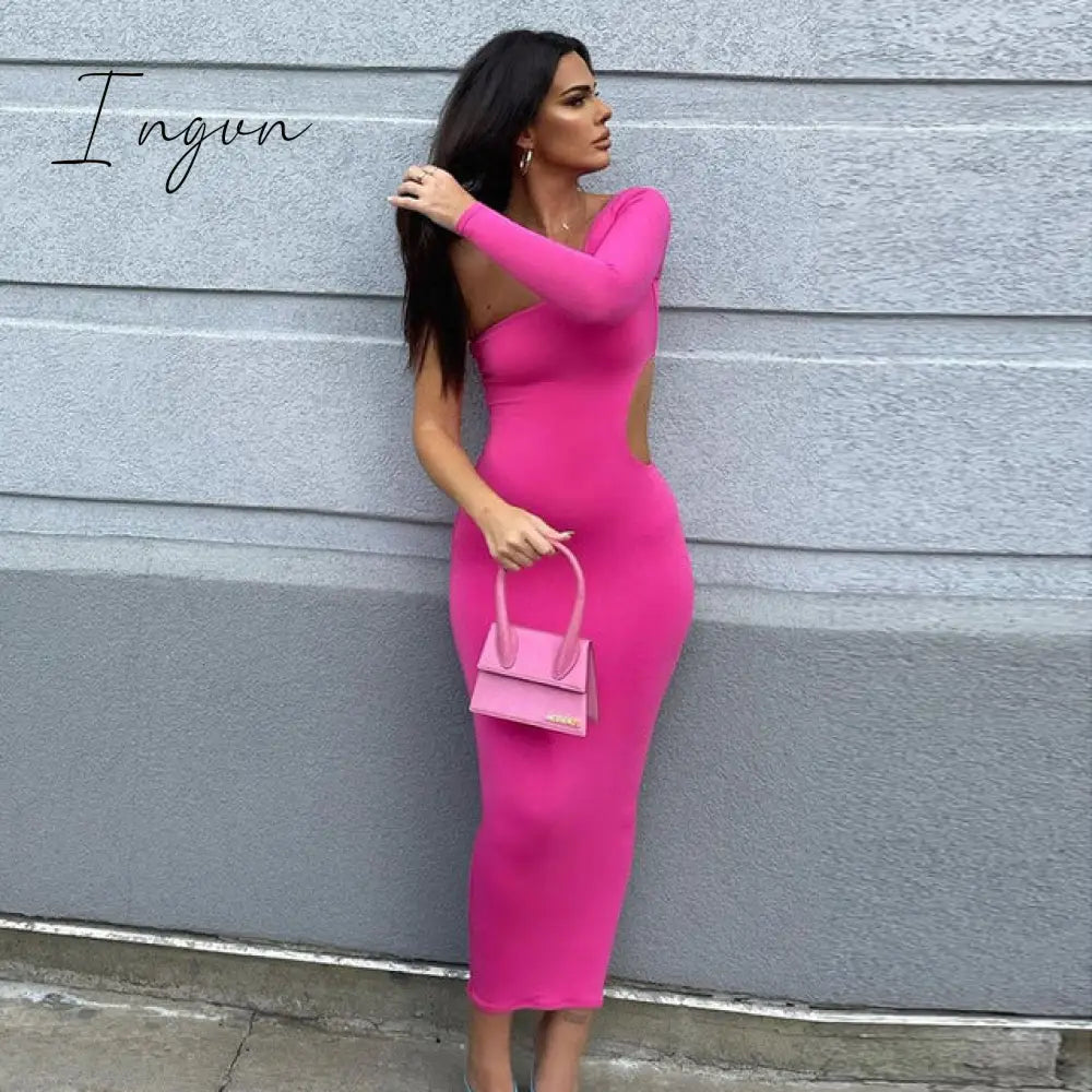 Ingvn - Long Sleeve One Shoulder Sexy Maxi Dress For Women Elegant Cut Out Party Prom Evening Bodycon Long Dresses Fall White Brown