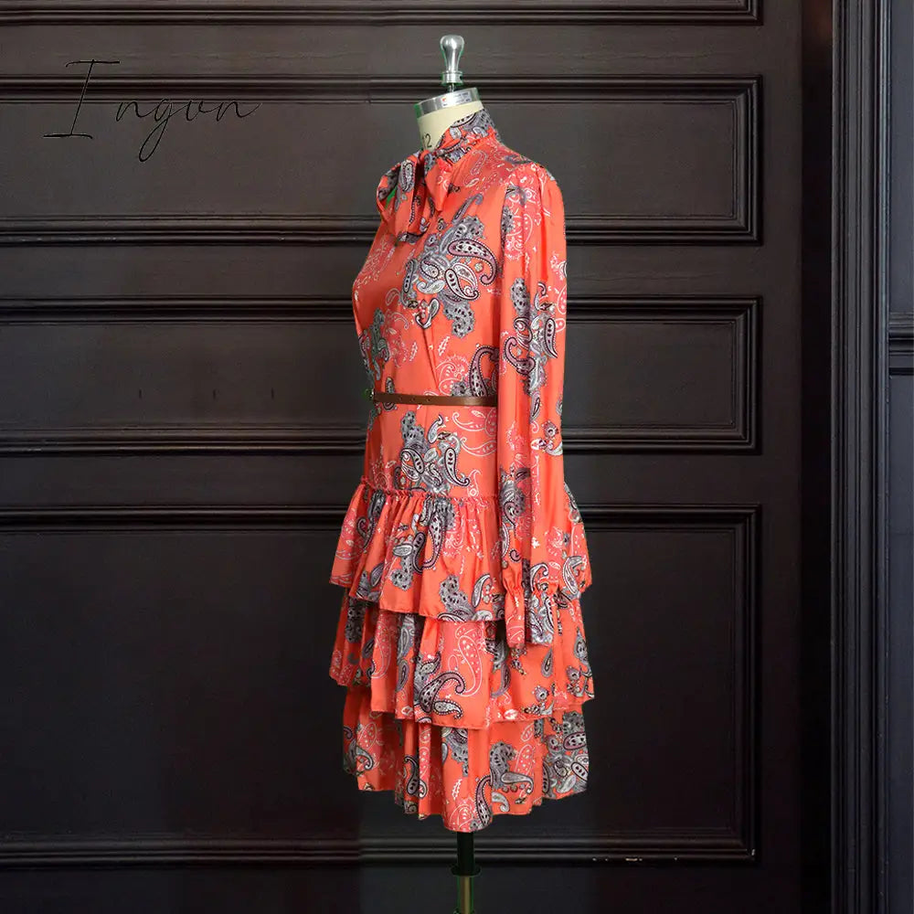 Ingvn - Women Printed Dresses Long Sleeves Bowtie Cake Dress Female Ruffles Pleated Africn Fashion Lovely Date Sweet Vestidos Plus Size