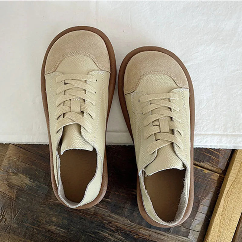 New Women's Shoes Flat Bottom Round Toe Flat Shoes Casual Lace Up Ladies Sneakers Mixed Color Soft Sole Beige Vulcanized Shoes
