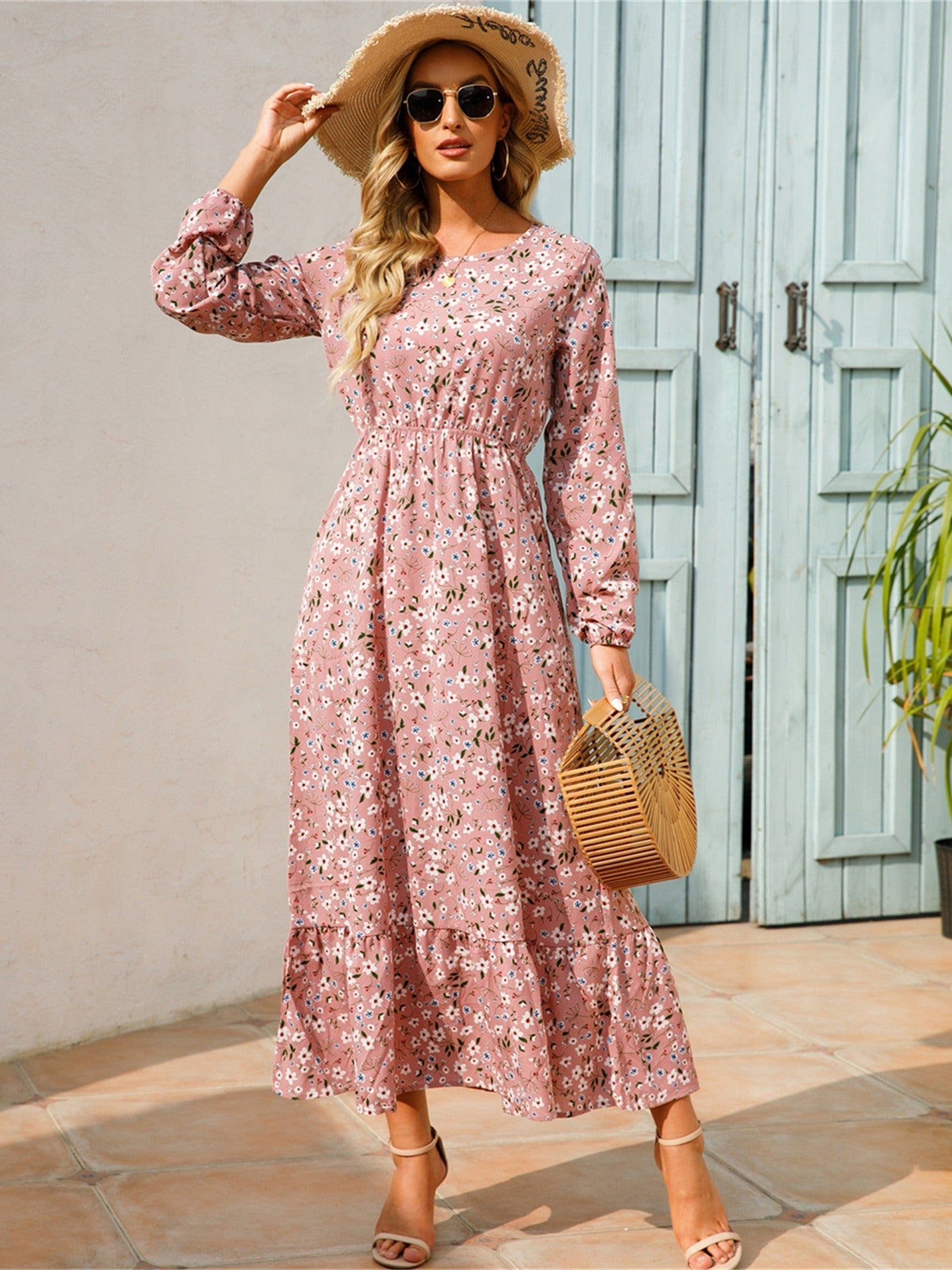 Vibrant Floral Print Long Sleeve Crew Neck Ruffle Dress - Flowy, Bohemian Chic, Casual, Comfortable, Women's Long Dresses for Daily Wear - Perfect for Spring, Summer, and Autumn Seasons