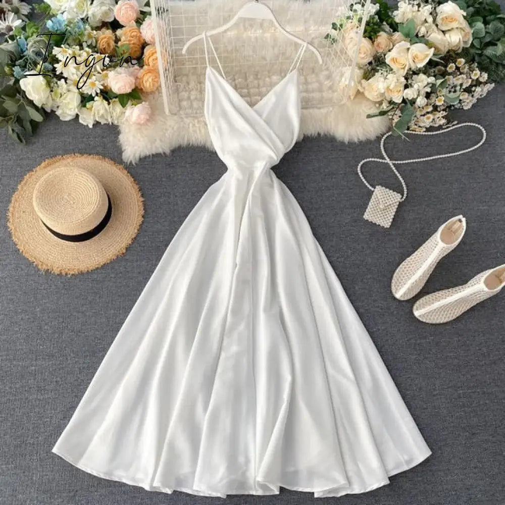 Ingvn - New Summer Women Sexy V Neck High Waist A-line Party Tank Sundress Elegant Bandage Bow Long Dress Vestidos Multicolour