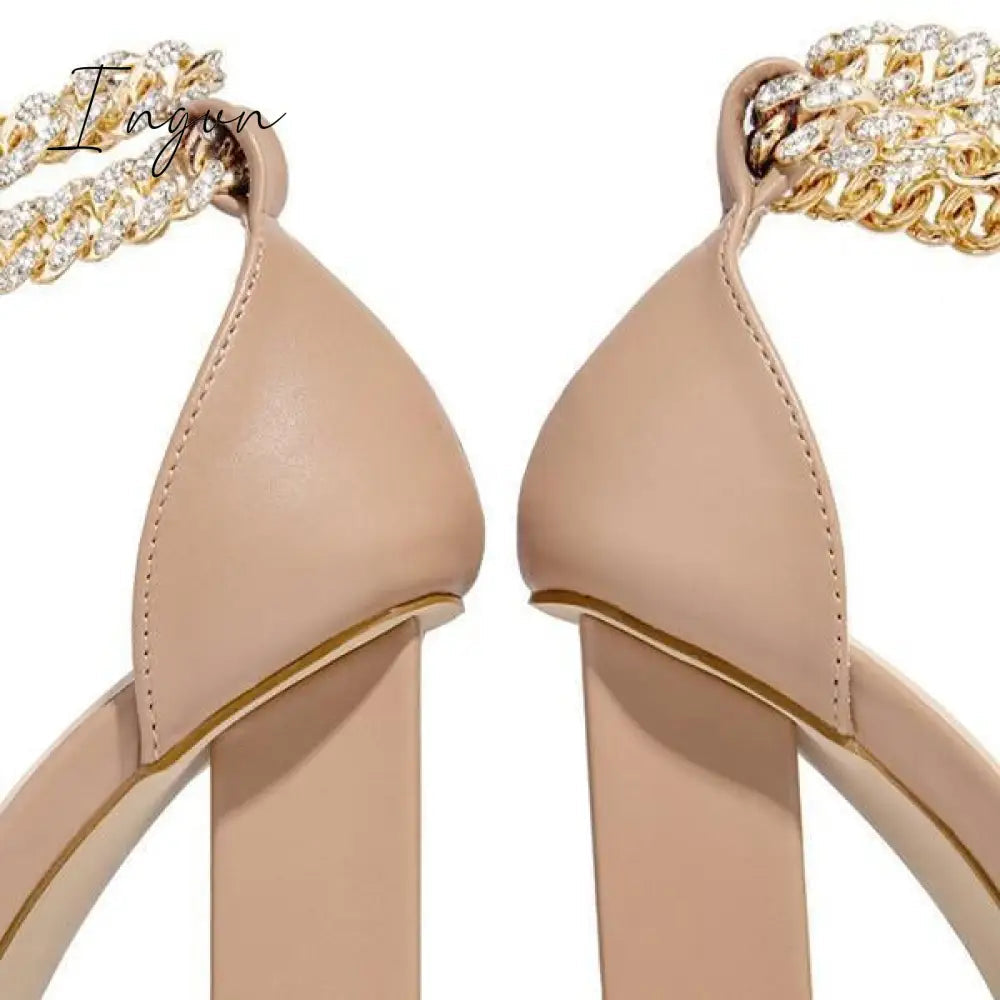 Ingvn - Gold-Tone Chain Embellished Ankle Strap Chunky Heels