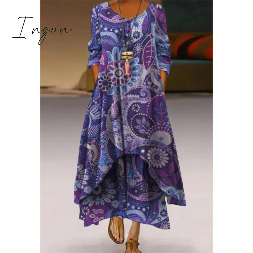 Ingvn - Fashion Summer Maxi Dress Women's Printed Sundress Casual Short Sleeve Vestidos Female High Waist Robe Femme midi elbise