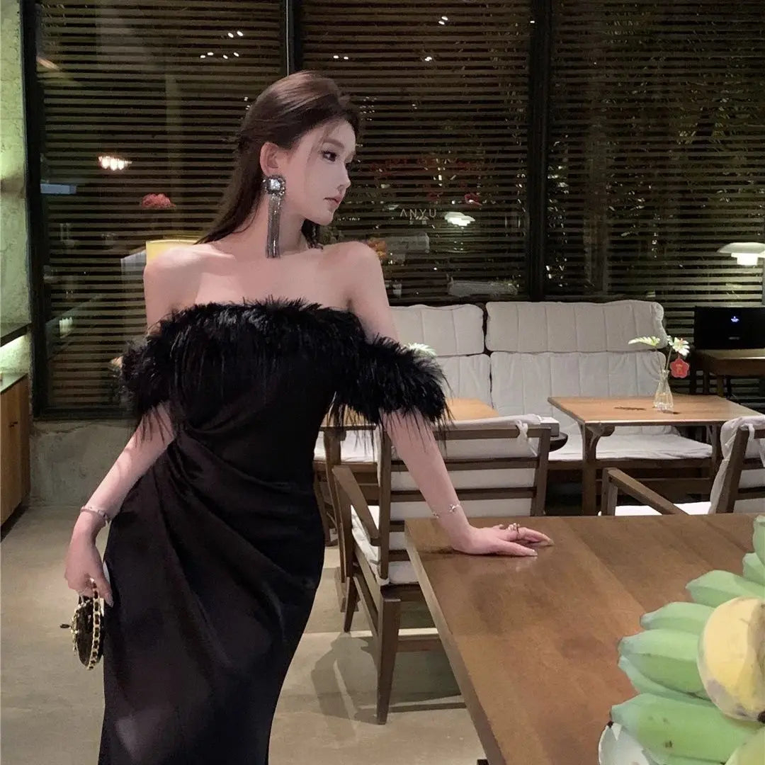 White Formal Dress High-end Luxury Niche French Temperament One Shoulder Dress Women's Autumn Birthday Gift Solid Color Dresses