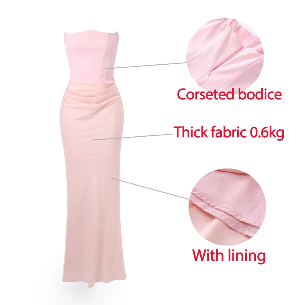 Women's Evening Dress Strapless Pink Prom Party Dresses Sexy Satin Long Corset Dress Elegant Maxi Gala Dresses
