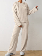 Cozy Womens Two-piece Knit Set - Soft Hoodie with Drawstring & Wide Leg Pants - Effortless Chic Casual Outfit - Comfortable Solid Color Clothing