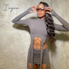 Ingvn - Best Selling Women's Clothing 2023 Autumn New Fashion Holes Long-Sleeved Shirt Slim Short Skirt Suit