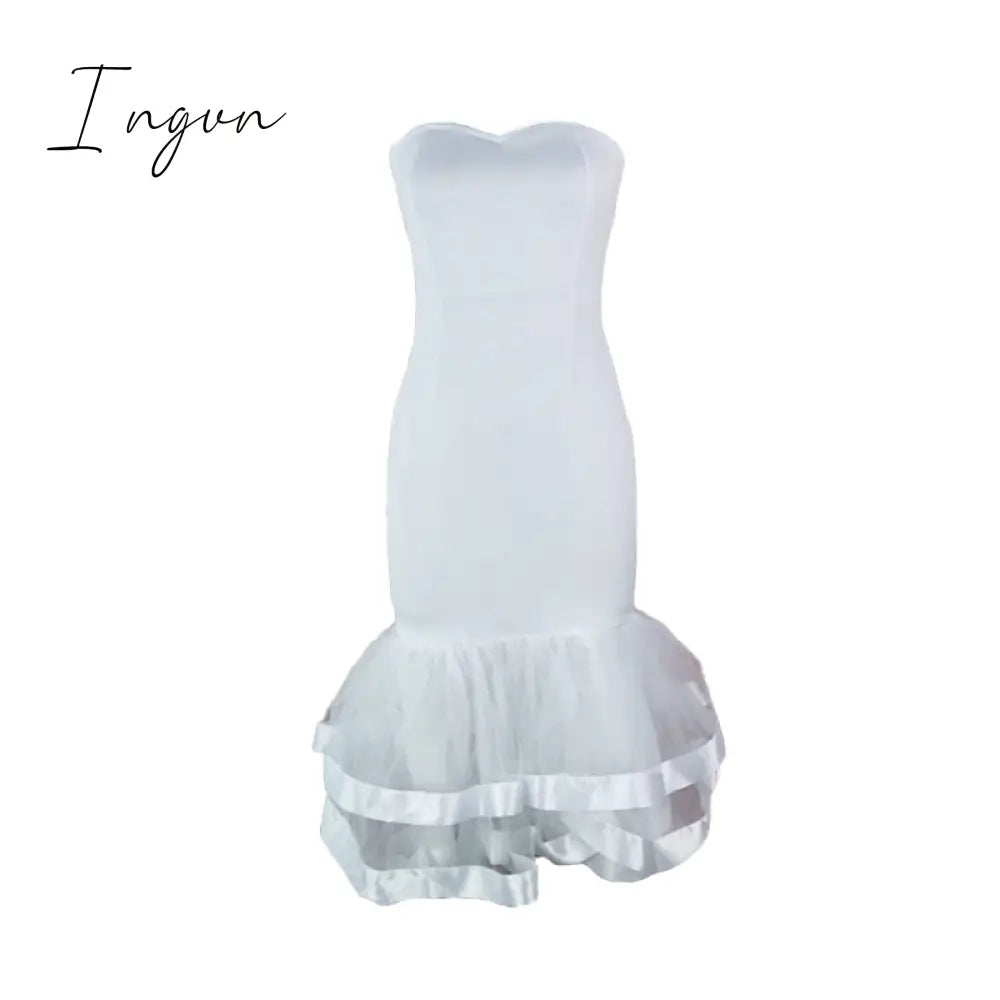 Ingvn - Women White Party Tube Tops Dress Wedding Off Shoulder Sexy Patchwork with Mesh Clubwear Dinner Evening Slim Bodycon Tunic Robes