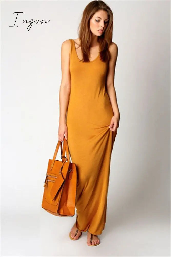 Ingvn - High Stretch Tank Robe Spring Summer Thin Long Dress Vestidos Elegant Women Sexy Dress O-neck Sleeveless Slim Maxi Dress