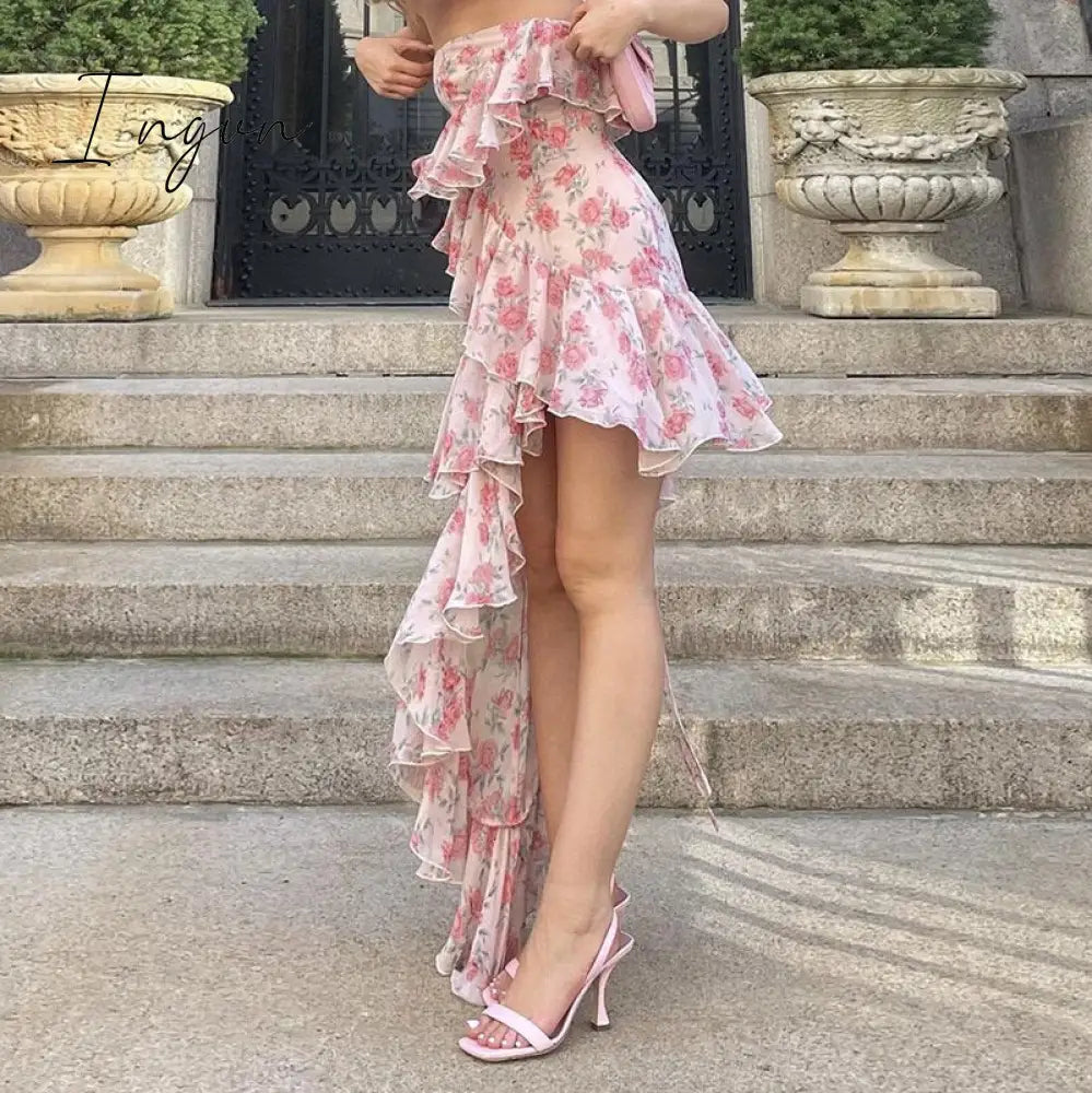 Ingvn - Elegant Party Dresses Y2k Sexy Halter Sleeveless Robe Floral Print Ruffle Vintage Midi Dress New Arrival Vestidos