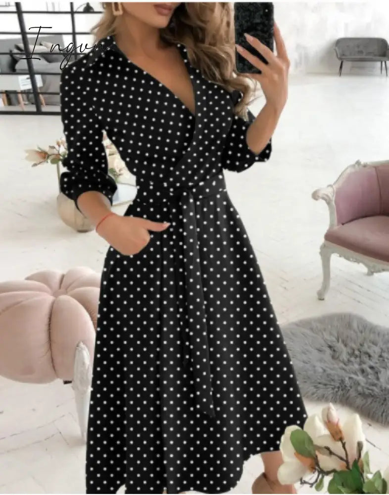 Ingvn - Spring and summer fashion plus size ruched dress long-sleeved V-neck print bag hip dress women's clothing dress for women