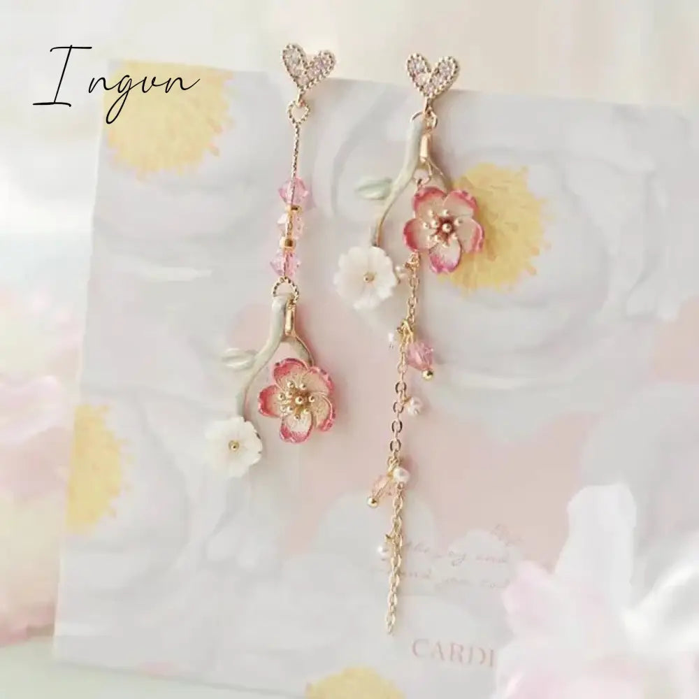 New Korean Flower Asymmetrical Dangle Earrings for Women Long Tassel Butterfly Imitation Pearl Cat Drop Earring Party Jewelry
