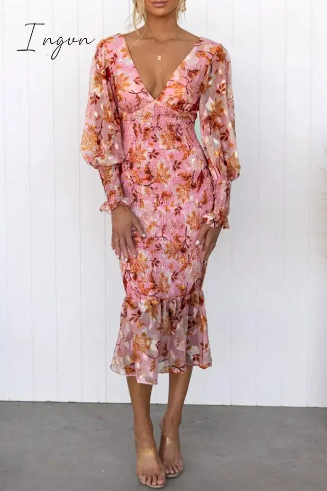 Ingvn - Celebrities Elegant Floral Frenulum V Neck One Step Skirt Dresses