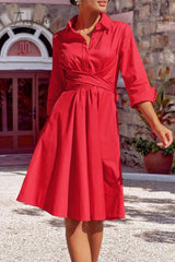 Ingvn - Elegant Solid Bandage Pocket Buttons Turndown Collar Shirt Dress Dresses