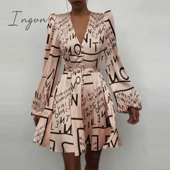 Ingvn - Trends high quality Spring New Women Sexy V Neck Letters Print Fashion Short Dresses Casual Satin Slim Lantern Sleeves Zipper Elegant Party Vestidos