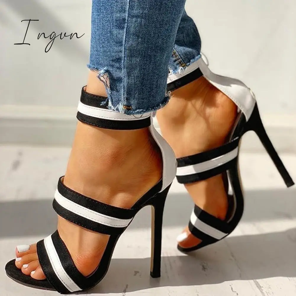 Ingvn - Stripes Open Toe Thin Heels
