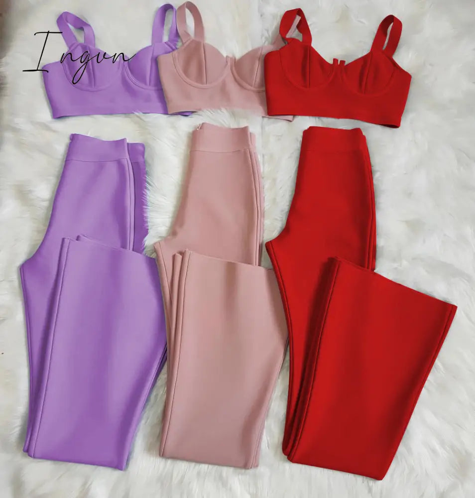 Ingvn - Summer New Women's Fashion Sexy Bandage 2 Two-piece Set Sleeveless Tight Short Top &  High Waist Flared Trousers Pants Set