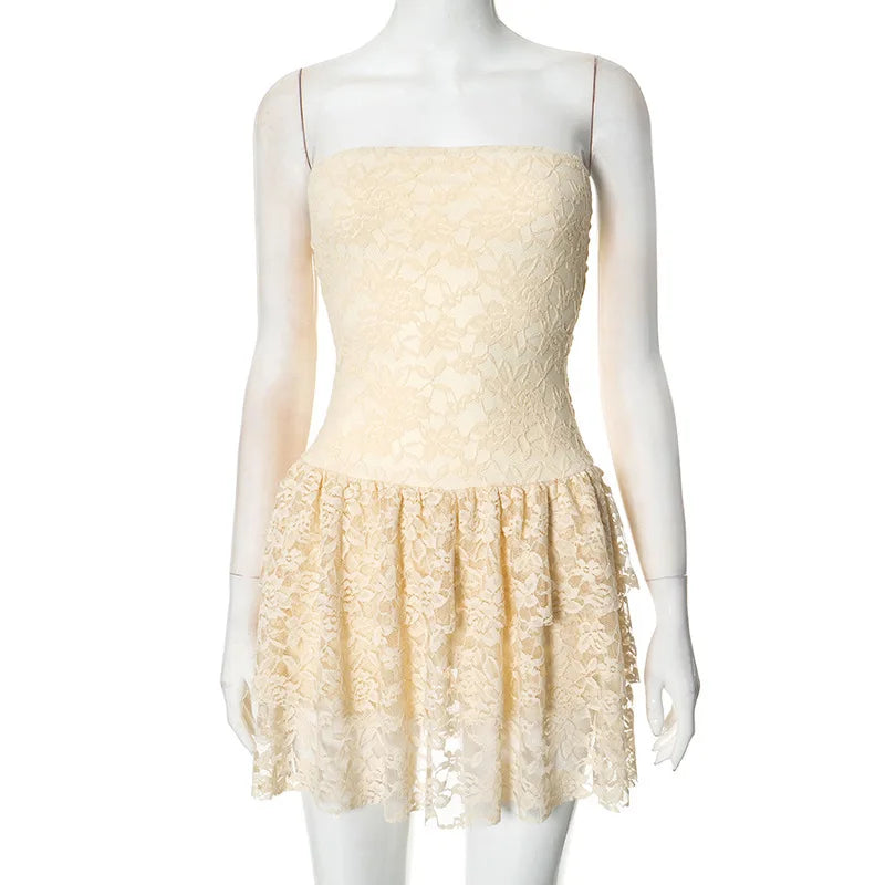 Off-shoulder Strapless Sexy Mini Dress For Women Elegant Lace Sleeveless Backless High Waist Pleated Cake Dress