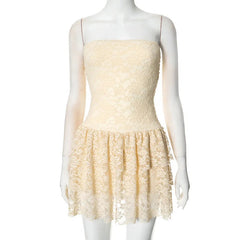Off-shoulder Strapless Sexy Mini Dress For Women Elegant Lace Sleeveless Backless High Waist Pleated Cake Dress