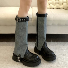 Ingvn  Vintage Winter Belt Buckle Women Knee High Boots Fashion Slip On Long Booties Designer Thick Heels Botas De Mujer