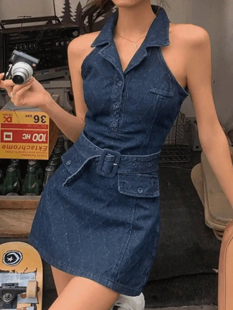 Ingvn - Sleeveless Polo Collar Denim Mini Dress