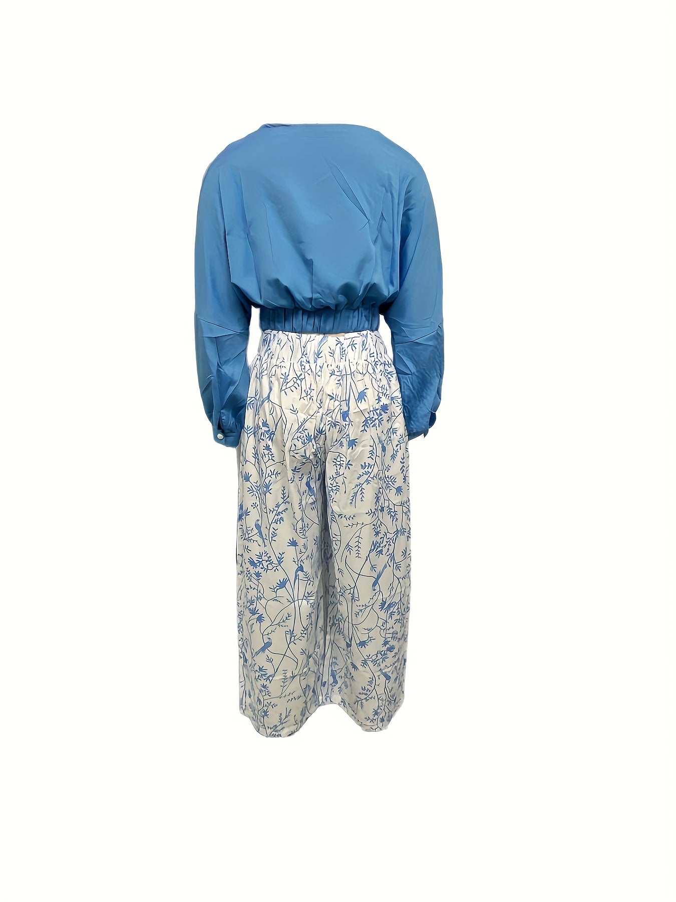 Two-Piece Casual Outfit Set - Surplice Neck Solid Color Top with Adjustable Straps & Wide Leg Floral Print Pants - Comfortable Womens Clothing for Daily Wear
