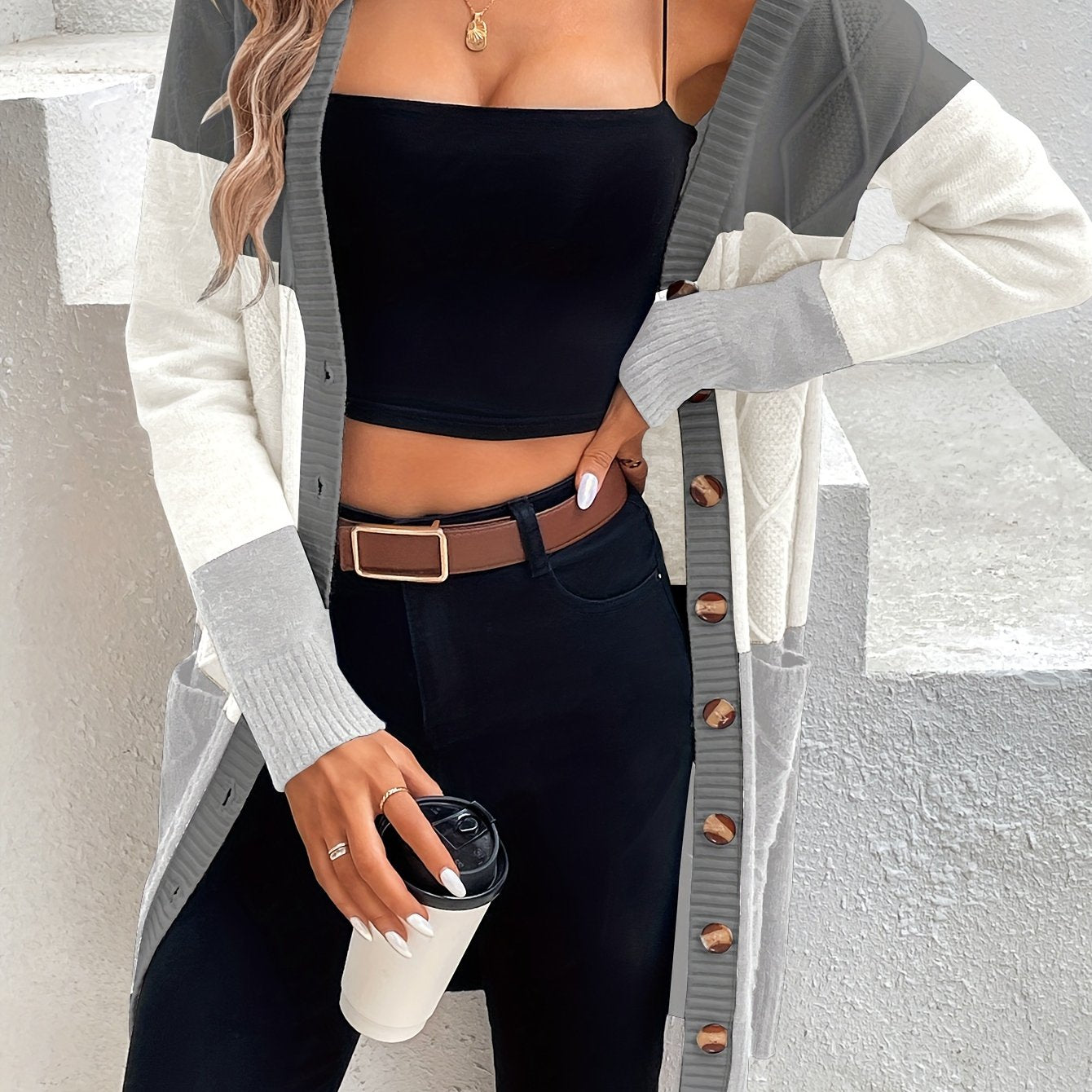 Versatile Long Sleeve Color Block Single Breasted Cardigan for Spring & Fall, Women's Clothing