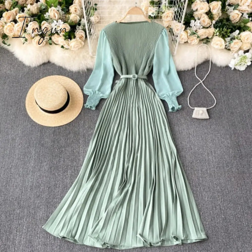Ingvn - Vintage Women Pleated Long Dress Female Elegant Lantern Long Sleeve High Waist Red/Purple Draped Maxi Vestidos Spring Autumn New