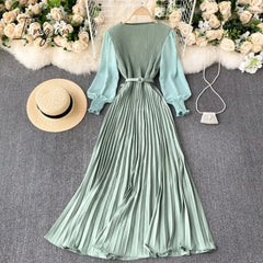 Ingvn - Vintage Women Pleated Long Dress Female Elegant Lantern Long Sleeve High Waist Red/Purple Draped Maxi Vestidos Spring Autumn New