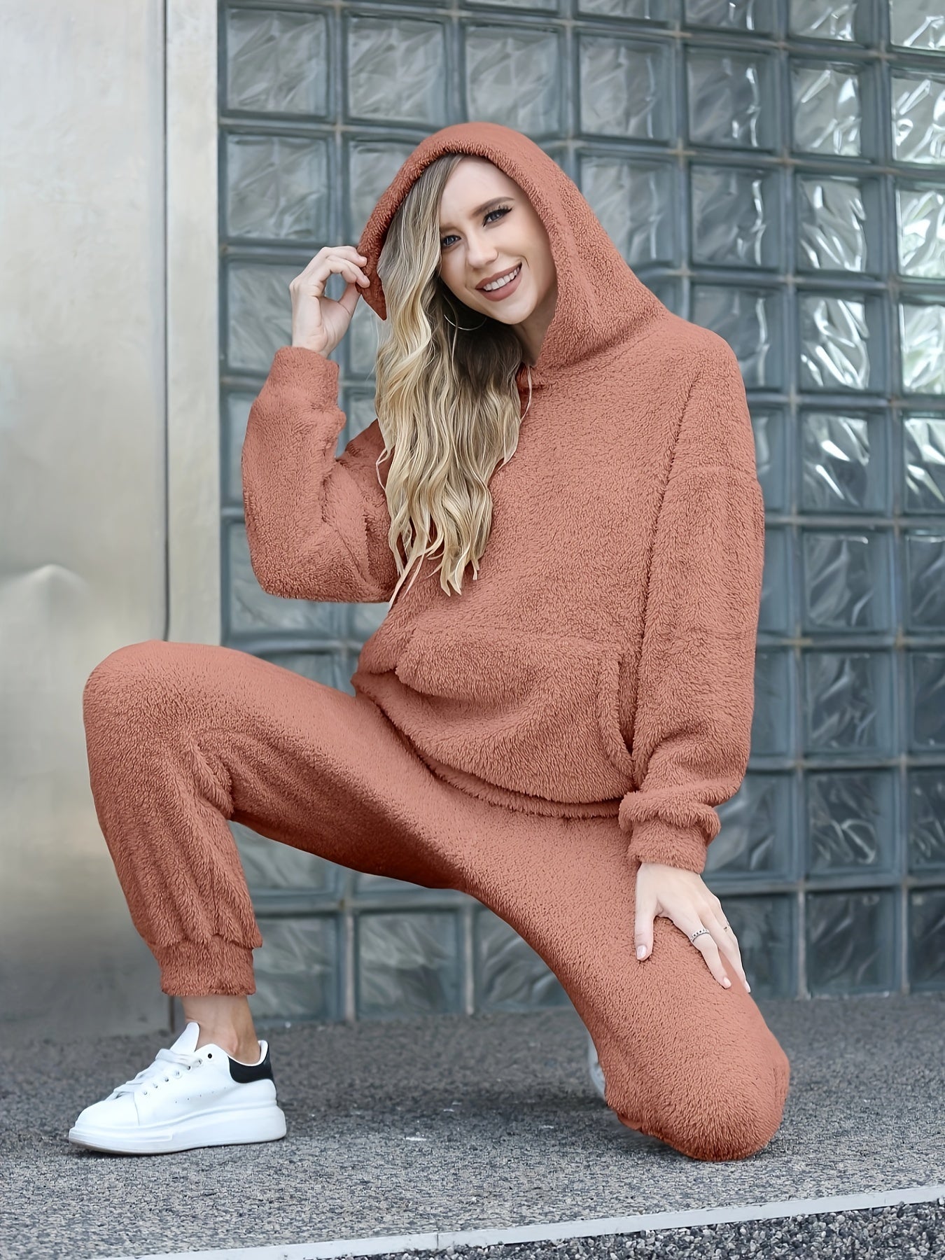 Solid Teddy Two-piece Set, Long Sleeve Kangaroo Pocket Hooded Tops & Long Length Warm Pants Outfits, Women's Clothing