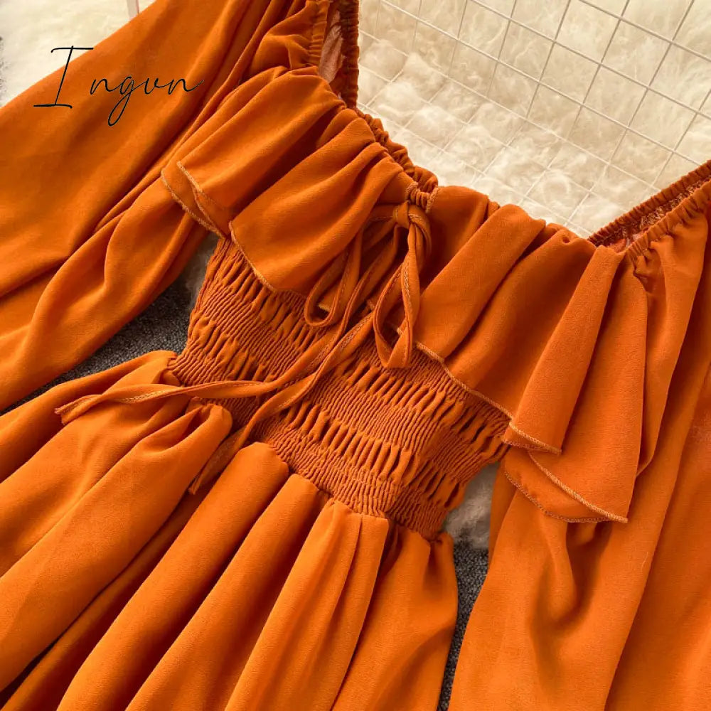 Ingvn - Woherb Chic Elegant Square Collar Maxi Dress Women Solid Chiffon Puff Sleeve Dresses Korean Fashion Vintage Ruffle Vestidos