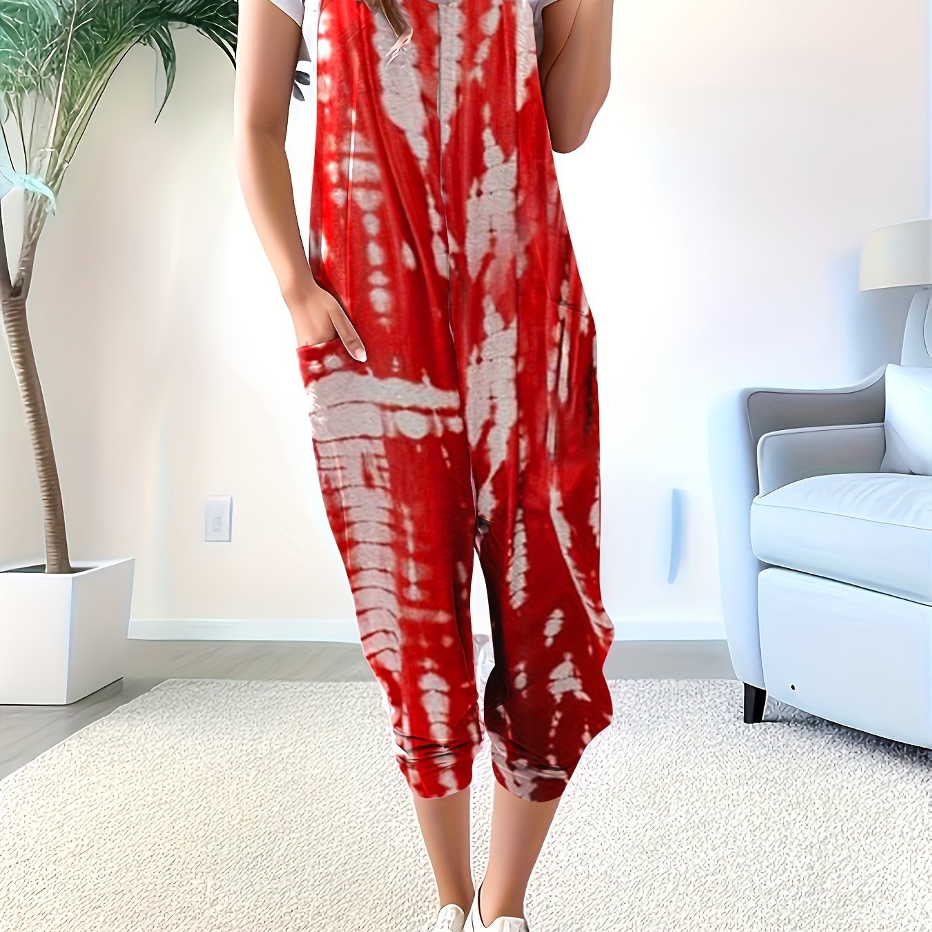 Solid Patched Pockets Overall Jumpsuit, Versatile V-neck Overall Jumpsuit For Spring & Summer, Women's Clothing