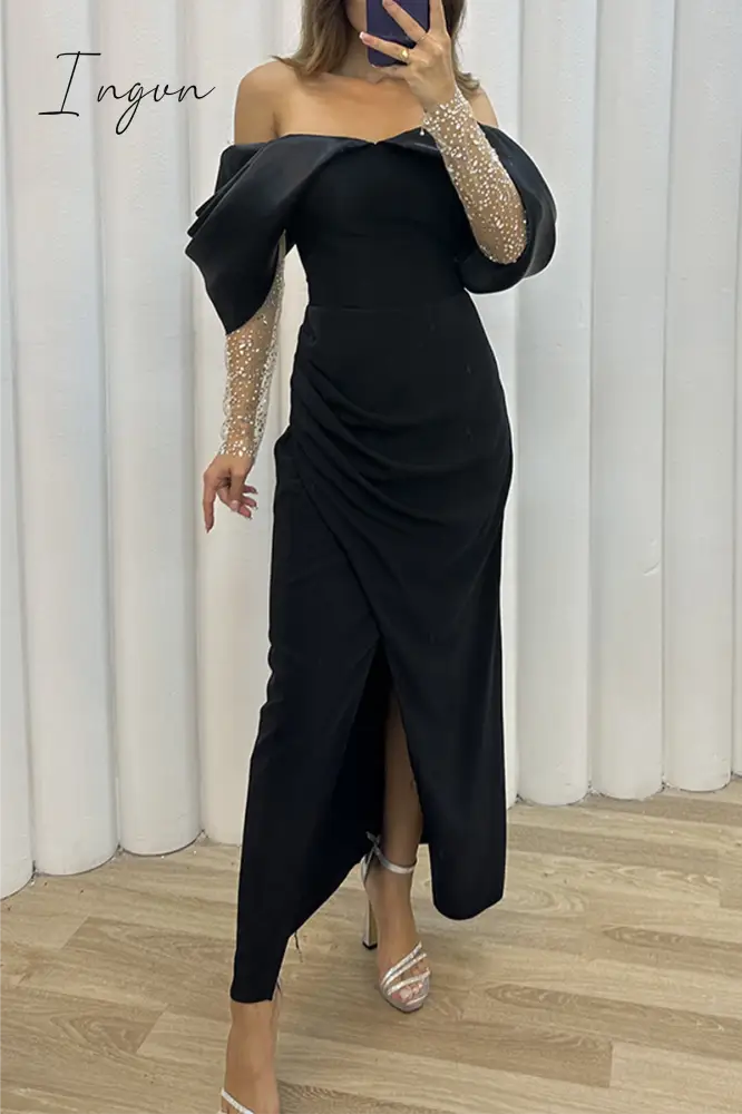 Ingvn - Elegant Solid Slit Fold Off the Shoulder Evening Dress Dresses