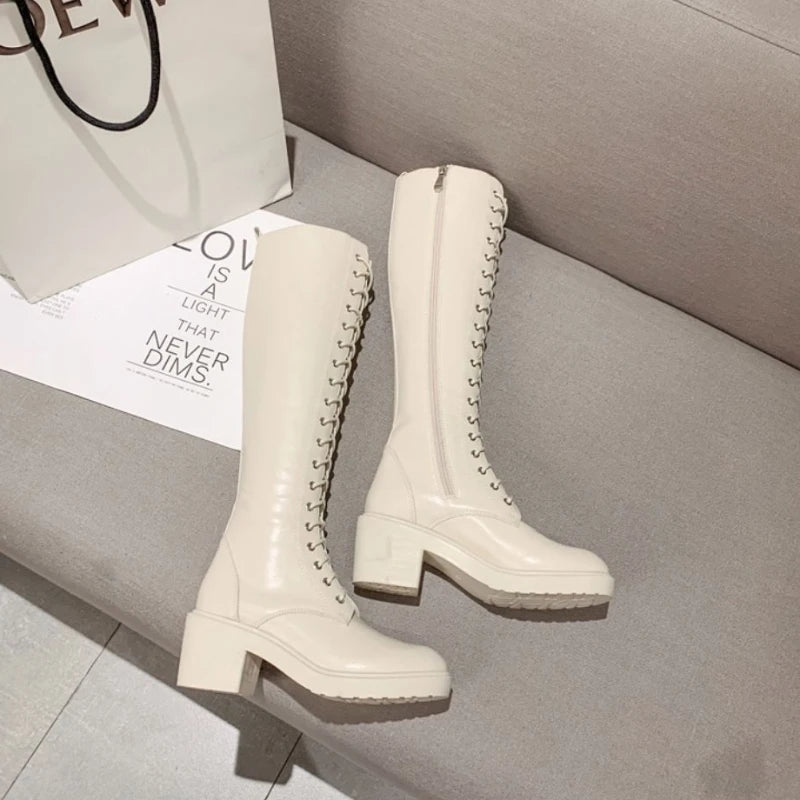 Ingvn  Footwear Long Ladies Boots Elegant Heeled High Heels Shoes for Women Lace-up Winter Knee Shaft with Laces White Spring Autumn Pu