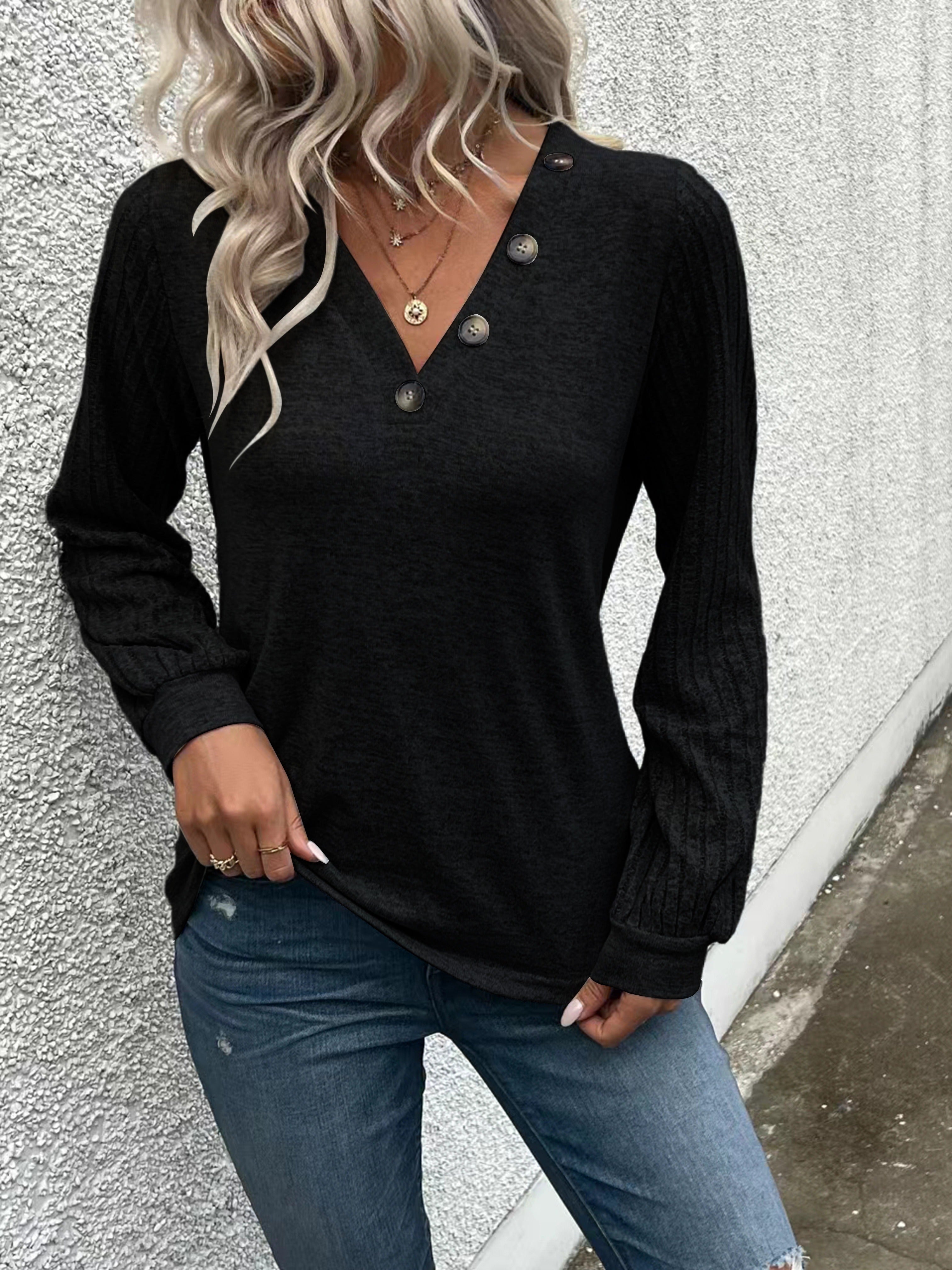 Stylish V Neck Long Sleeve Ribbed T-shirt - Women's Elegant Daily T-Shirts with Buttons - Soft, Breathable, and Comfortable Clothing for Everyday Wear
