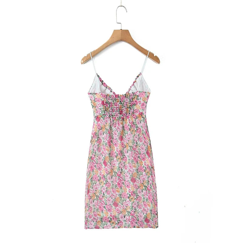 New Women Lace Spliced Floral Print Spaghetti Strap Sexy Dress Sleeveless V Neck Female Holiday Summer Dress Short