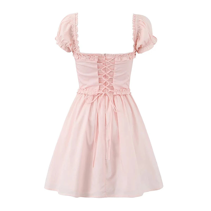 Women Sexy Elegant Pink Mini Dress Vintage Puff Sleeve Slim Low Waist Holiday Party Dresses Lacing Up Back Summer Robe