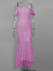 Off-shoulder Backless Sexy Evening Dress For Women Purple Sleeveless Strapless Ruched Bodycon Club Party Dress