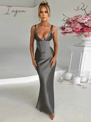 Ingvn - Satin V Neck Backless Maxi Dress Women Spaghetti Strap Bodycon Long Dress Elegant Sexy Party Club Dress Vestidos