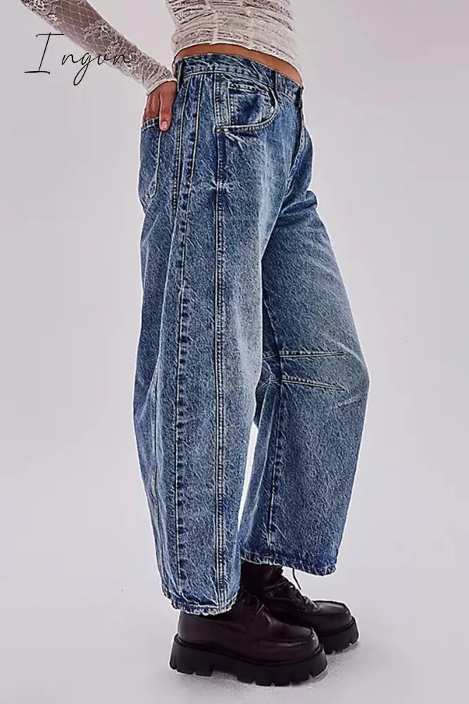 Ingvn- Casual Vintage Solid Pocket Without Belt Mid Waist Loose Denim Jeans(No Belt)
