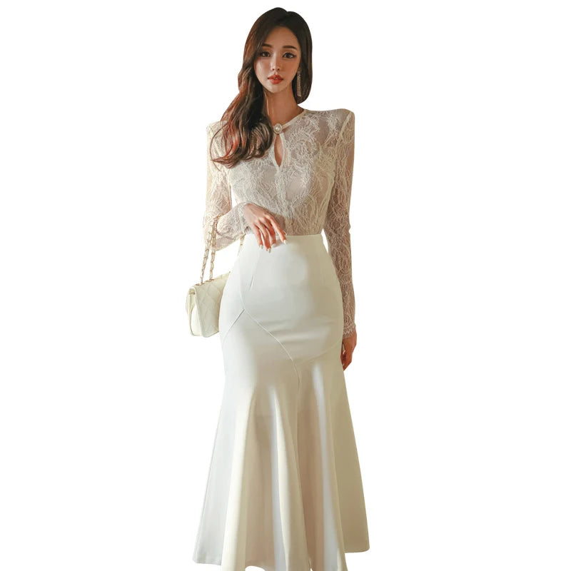 Vintage White Lace Patchwork Midi Dresses for Women Spring Summer New Elegant Party Slim Evening Prom Sexy Female Clothing