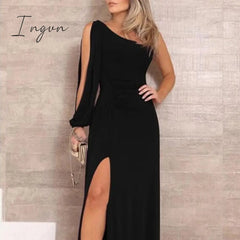Ingvn - Split Women Party Long Dress One Shoulder Long Sleeve Sexy Bodycon Dresses Lady Slim Elegant Black Maxi Dress Vestidos