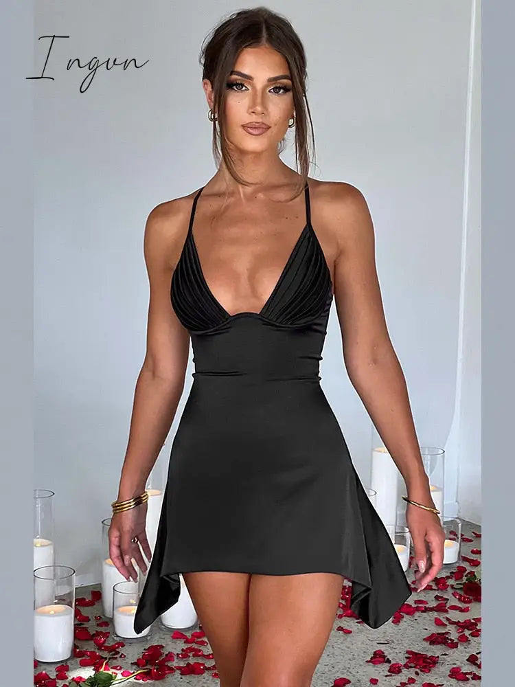 Ingvn - Satin Spaghetti Strap Sexy Mini Dress Women Robe Summer New Deep V Neck Sleeveless backless Club Party Dress Vestido