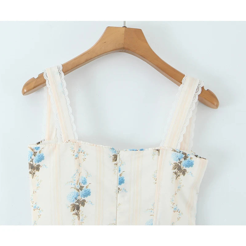 New Fashion Women Floral Print A-line Midi Elegant Party Dresses Sexy Wide Straps Lace Spliced Holiday Summer Dress